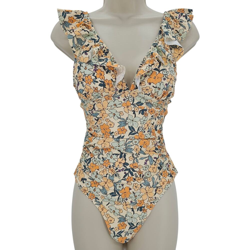 Cupshe Womans size XL V-Neck One Piece Ruffle Lace Up Swimsuit Moss Yellow New